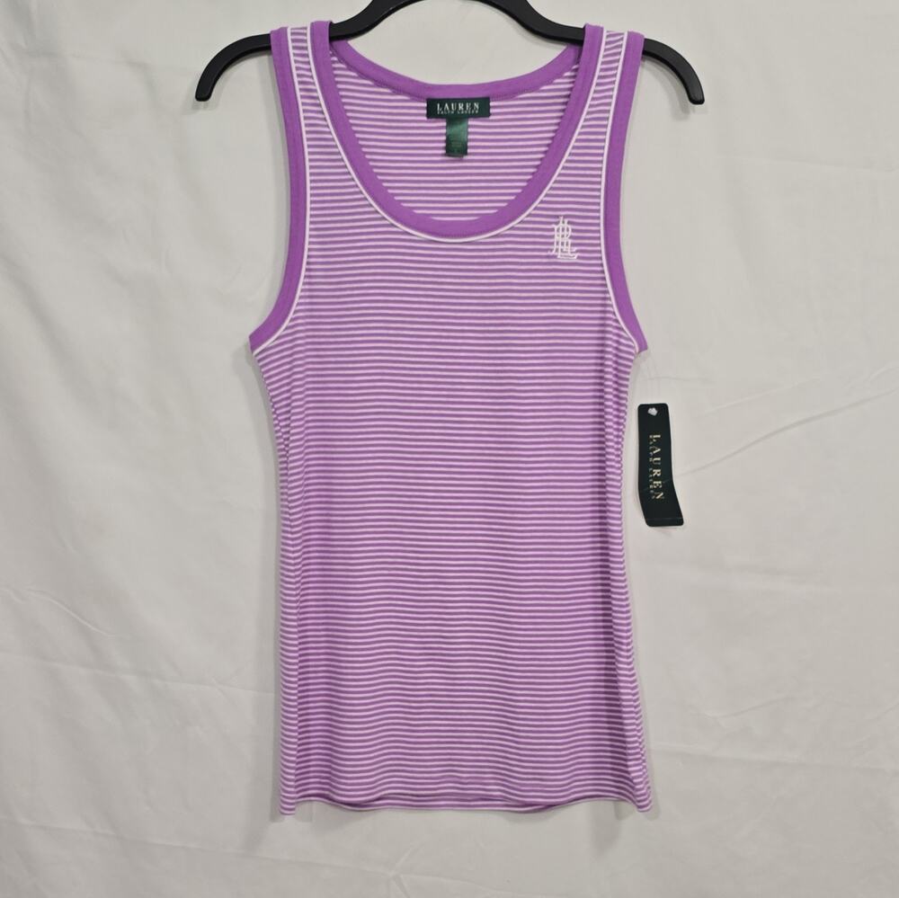 Lauren Ralph Lauren Womens L Purple White Striped Cotton Knit Tank Embroidered